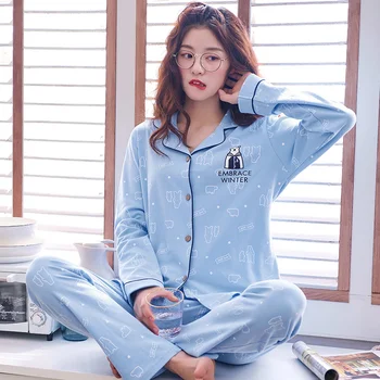 

Plus Size 100% Cotton Pajama Sets for Women Spring Autumn Long Sleeve Pyjama Girls Cute Cartoon Sleepwear Pijamas Mujer Homewear