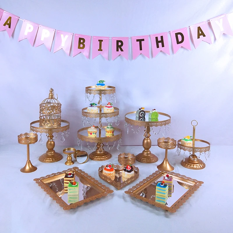 new 13pcs mirror gold Crystal Metal Cake Stand Set Cupcake Rack Dessert Display Holder Party Wedding Table Decorations