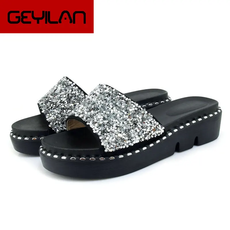 

Summer Women Shoes Fashion Sequined Sandals Platform Flat Heel Thick Bottom Slippers Casual Shoes Black Silver