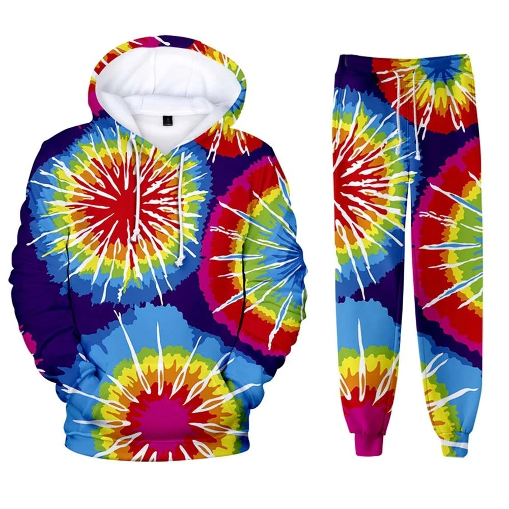 Tie-dyed 3D Hoodies Sweatpants Two Piece Suit Pullovers Colorful Casual Sweatshirts Pants Set Sportswear Tracksuit 2021 Outfits