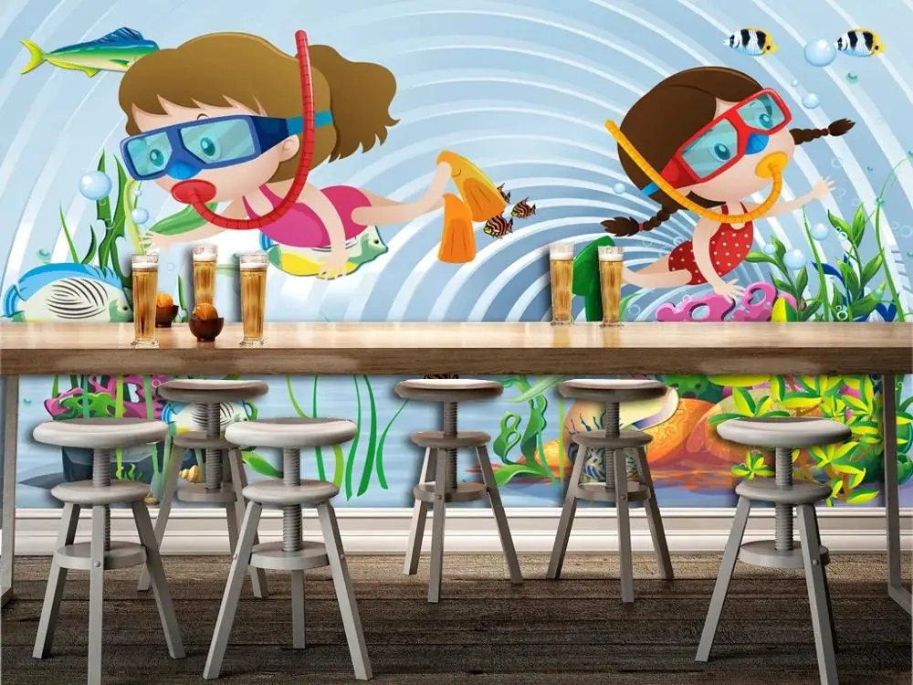 

TV back wall decor deep 5D embossedNew Custom large mural 3D wallpaper Cute cartoon Swimming diving children's bedroom mural
