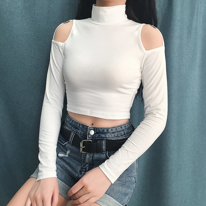 

Women Slim Sexy tshirt white fitting slim hollow out Crop Top High Collar Off-shoulder Long Sleeve cool club lady Cotton t-shirt