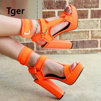 

New Women Summer High Heels Fashion Velcro Chunky Square Heel Women Shoes Open Toe Casual Party Ladies Plus Size Pumps