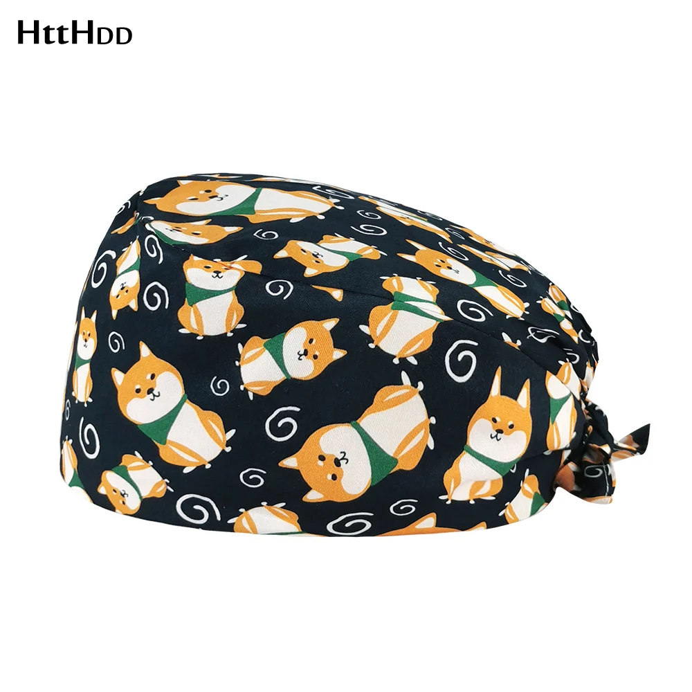 

Fashion Work Frosted Hat Cartoon Puppy Print Casual Unisex Scrubs Cap Pet Grooming Agency Work Hat Spa Caps Dustproof Soft New