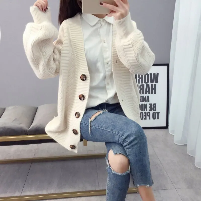 Women Sweater Knitted Cardigan Loose Sweater Fashion V-neck Single-breasted Knit Cardigan Sweater Coat For Women