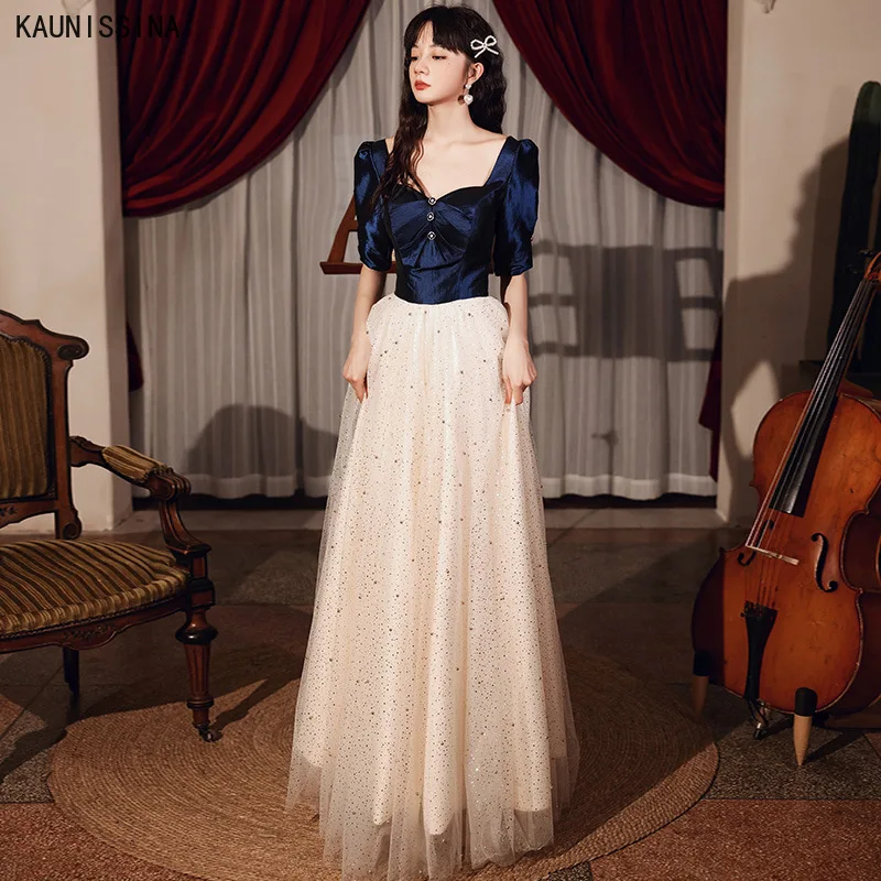 

KAUNISSINA Long Evening Dresses Short Sleeve Sweetheart Formal Dress Women Elegant Button Glitter Celebrity Party Prom Vestidos
