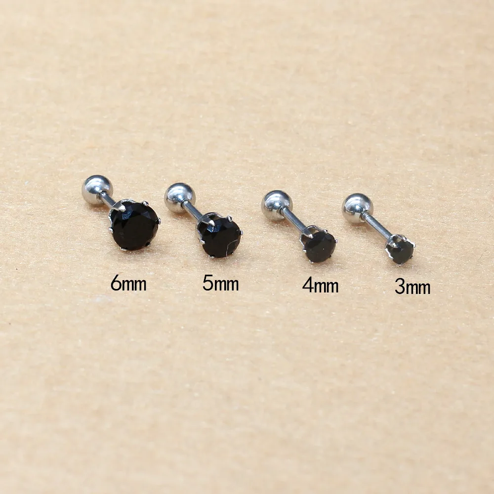 316LStainlessSteelEarring36mmRoundBlackZirconsScrewStud