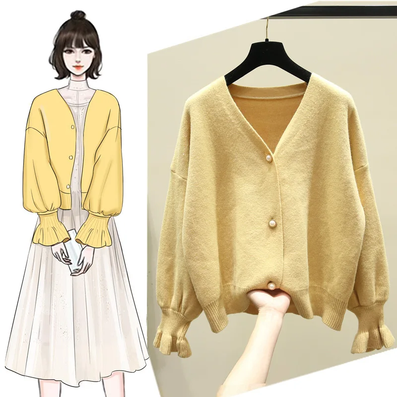 

Lazy autumn Korean version of retro temperament V loose Long Sleeve Sweater Jacket pure color knitted cardigan students