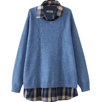 

Plus Size Casual Essential Sweaters Women 2019 Autumn Winter Fashion Loose Long Sleeve False 2 piece Knitting Pullovers E1-A9555