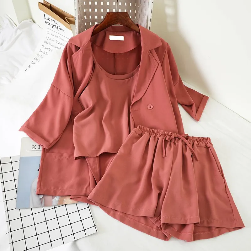 

Chic Vest Jacket Simple Pure Color Elastic Waist Shorts Three-Piece Suit Pockets Women Clothes Summer 3 Piece Outfits
