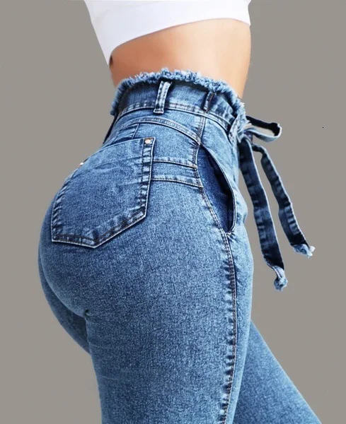 Новинка, женские джинсы с высокой талией, облегающие джинсы стрейч, облегающие джинсы с кисточками, пояс-бандаж, обтягивающие джинсы с эффектом пуш-ап