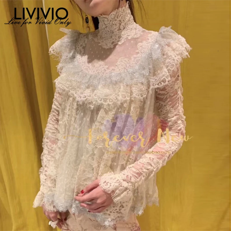 [LIVIVIO] Цветочная кружевная плиссированная Водолазка с длинным рукавом Повседневная Блузка Топы Женская рубашка корейская модная одежда Новинка