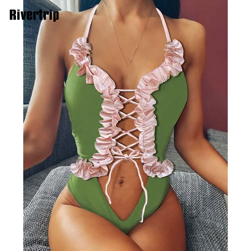 

Sexy Halter One Piece Swimsuit Lace-Up Swimwear Women Ruffle Bathing Suit High Cut Beach Wear Backless Swimming Suit New 2020