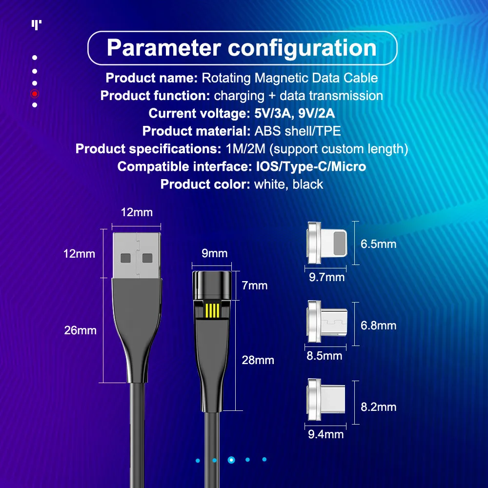 Магнитный Micro USB кабель Hussain 540 градусов 3 А Type C для быстрой зарядки магнитное