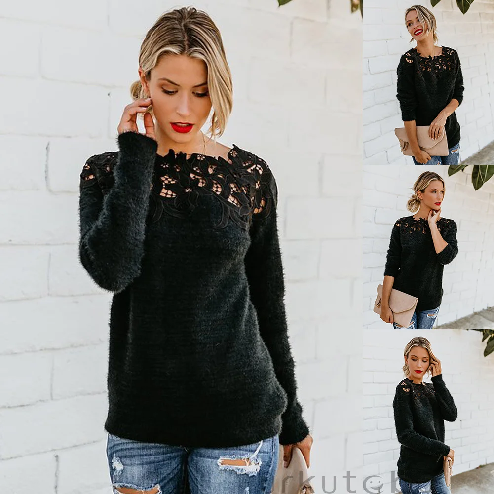 Sexy Black Lace Women Hollow Sweaters Long Sleeve Pullover Tops Sweater Ladies O Neck Jumper Hollow Out Knitwear