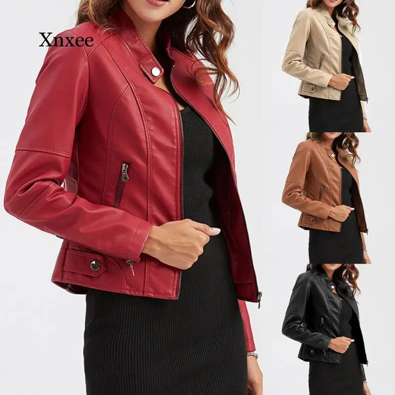 

Женская куртка из искусственной кожи, однотонная офисная куртка на молнии с воротником-стойкой, приталенная верхняя одежда, осень-зима 2020