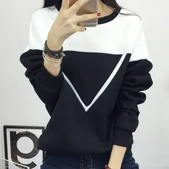 

Winter New Fashion Black and White Spell Color Patchwork Hoodies Women V Pattern Pullover Sweatshirt Plus Size M-XXL