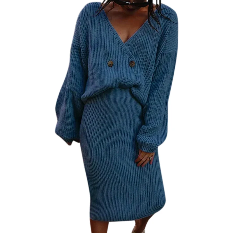 

Knee Length Two Piece Set 2pieces Set Women Sweaters Autumn Solid V-Neck Low Cut Sweater Buttons Long Sleeves Top Yalabovso