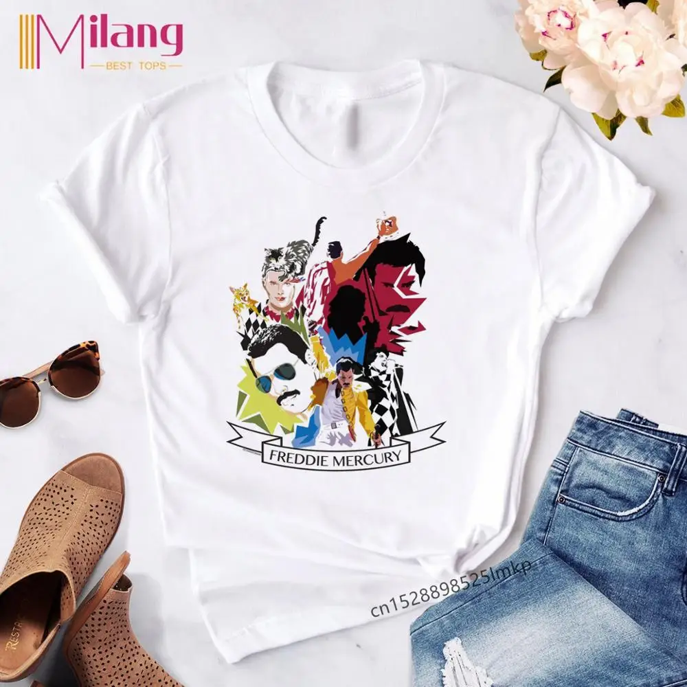 p2502B-White Женские черные футболки Freddie Mercury The queen Band, женские футболки с коротким рукавом, летняя брендовая рок одежда, топы для девочек - Цвет: p2502B-White