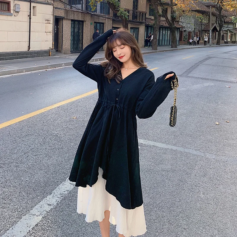 

Photo Shoot 2020 Spring New Style Korean-style Loose-Fit Black And White with Pattern Mid-length Western Style Two-Piece Dress W
