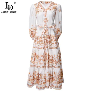 

LD LINDA DELLA Fashion Runway Designer Autumn Dress Women V-Neck Lantern Sleeve Floral print Ladies A-Line Vintage Midi Dresses