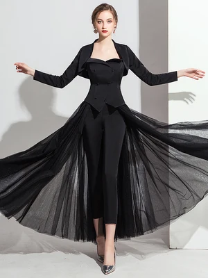 

100%rea black trailing veil top shawl with pants Victoria/customs size/stage performance/studio/red carpet