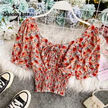 

Women Shirts Square Collar Short Sleeve Broken Flower Print Lace Up Slim Top 2020 Summer Femme French Retro Chiffon Short Blouse