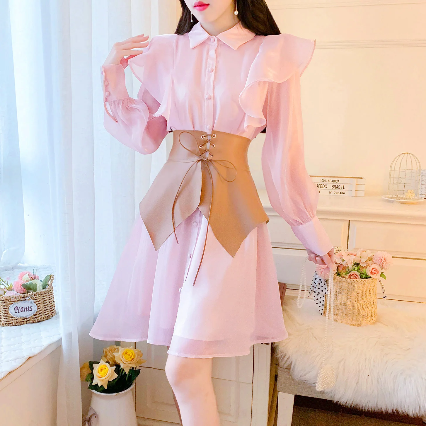 

BULOCHOVA 2021 Autumn Designer Women Lapel Single-Breasted Shirt Long Sleeve Knee Length Dress Vestidos Mujer With Belt