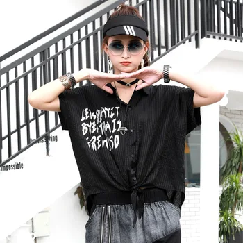 

Casual Striped Tops Letter Print Bow Bandage Shirts 2020 Summer Personality Lapel Short Sleeve Blouse Plus Size
