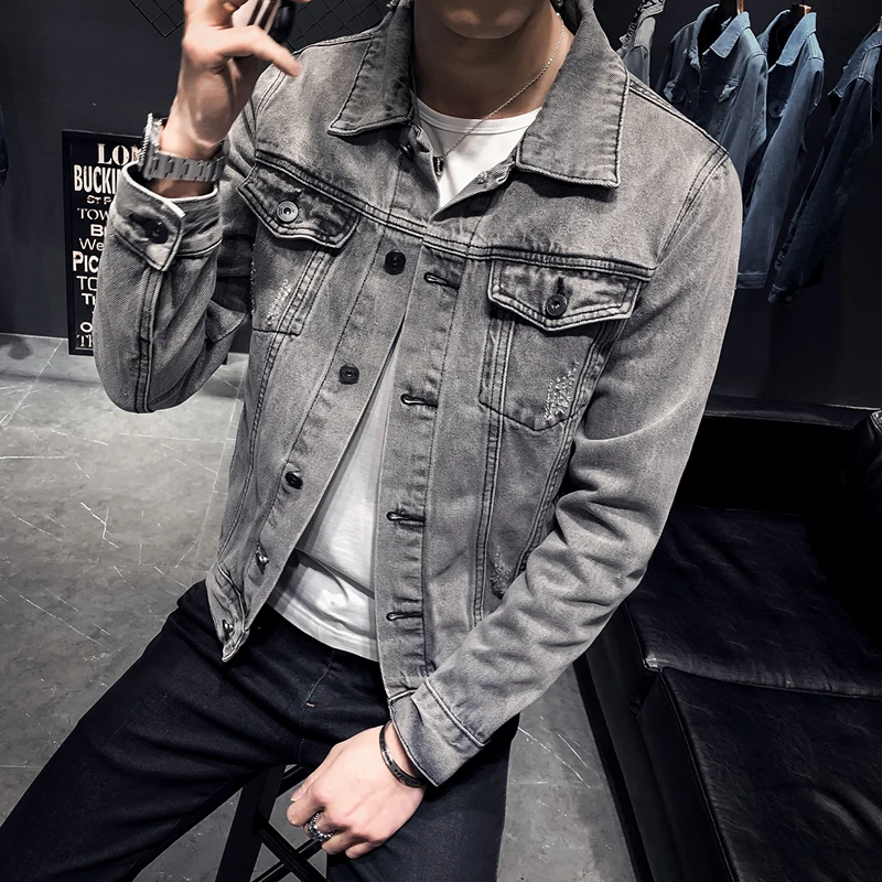 Greatest  2019 Denim Jacket Men Hole Retro Motorcyle Basic Coat Streetwear Hip Hop Bomber Jacket Cowboy Men's