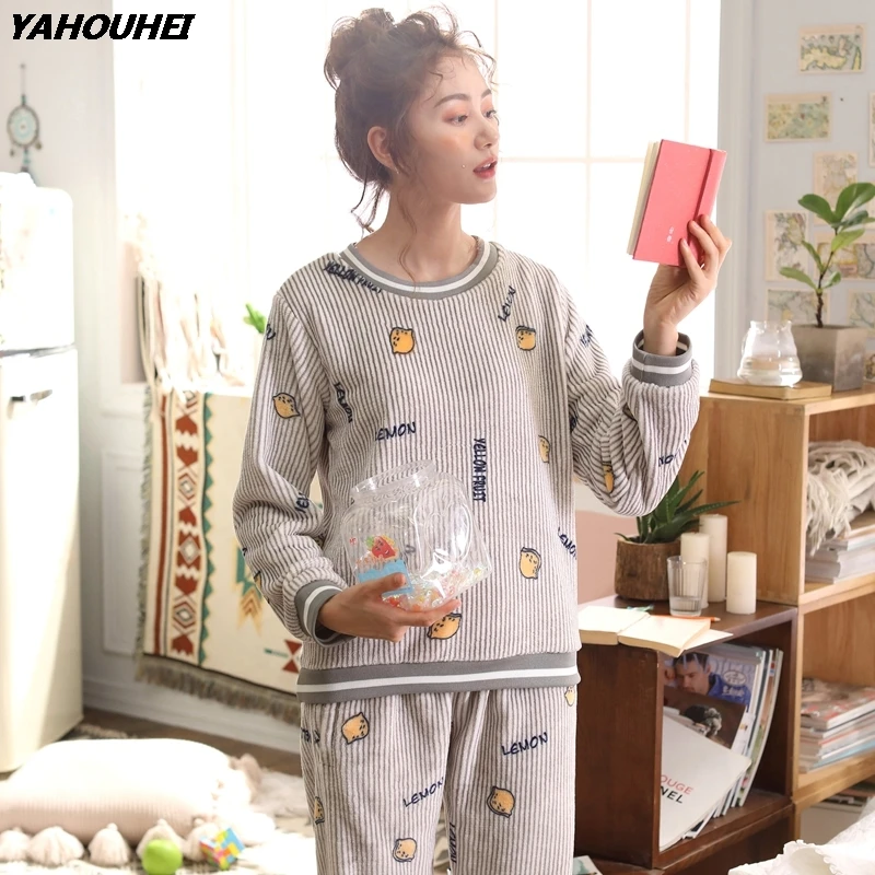 

Striped Thick Warm Flannel Pajamas Sets For Women 2020 Winter Long Sleeve Velvet Pyjama Pijama Mujer Sleepwear Homewear Clothing