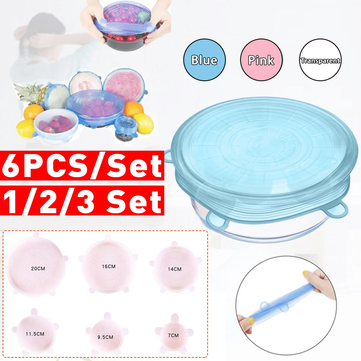 6PCS Silicone Microwave Freezer Fresh Covers Pan Stretch Spill Lid Stopper