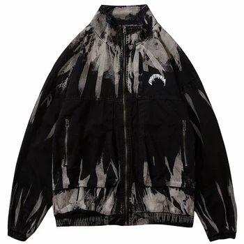 

Mens Hip Hop Washed Denim Jackets Illusory Graffiti Harajuku Streetwear Vintage 2020 Autumn Jeans Jackets Outwear Coats Cowboy
