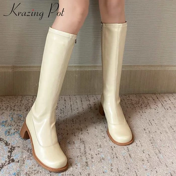 

Krazing Pot 2021 equestrian boots real cow leather preppy style round toe thick high heel zipper young girls knee-high boots L43