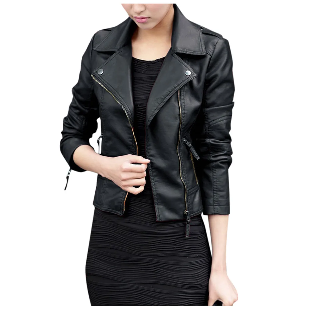 Весенняя женская PU кожаная куртка с застежками-молниями пальто женские куртки Женская куртка на молнии обтягивающий Байкерский пальто Верхняя одежда в стиле панк#830 - Цвет: BK