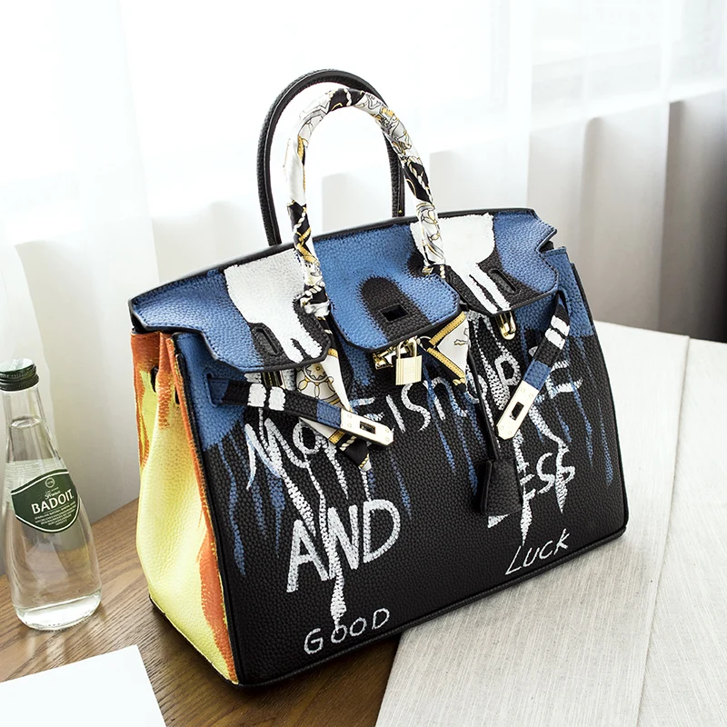 

Graffiti Handbags Genuine Leather Womens Handbag Famous 35CM Black Travel Bags Totally Made By Hand Custom Dog Art Design Gifts