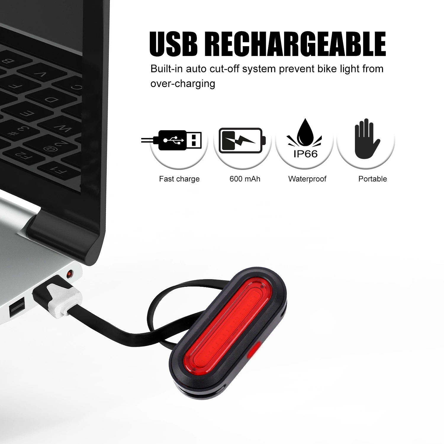 Éclairage Vélo USB Avec Clignotants Avant/arrière Sans Fil - Piles Intégrées Rechargeables - Noir