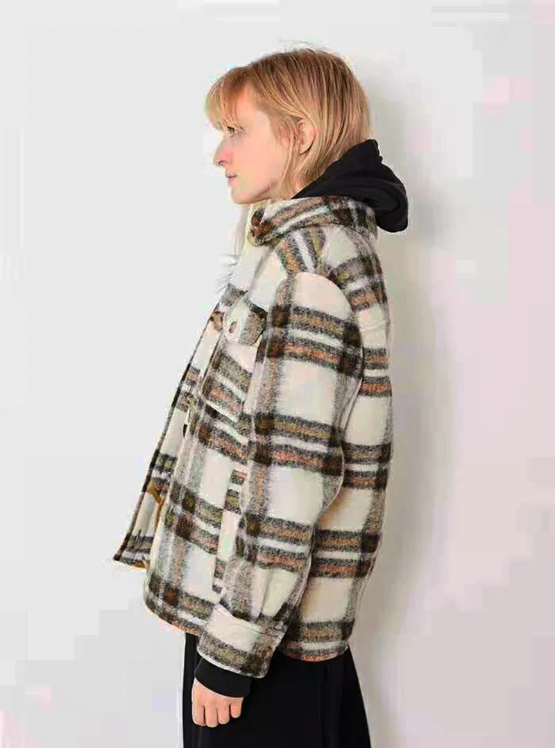 Франция Мода женщин-Isabel плед габрион одеяло пальто с длинным рукавом щеткой шерстяная рубашка зимняя Классическая шерстяное пальто