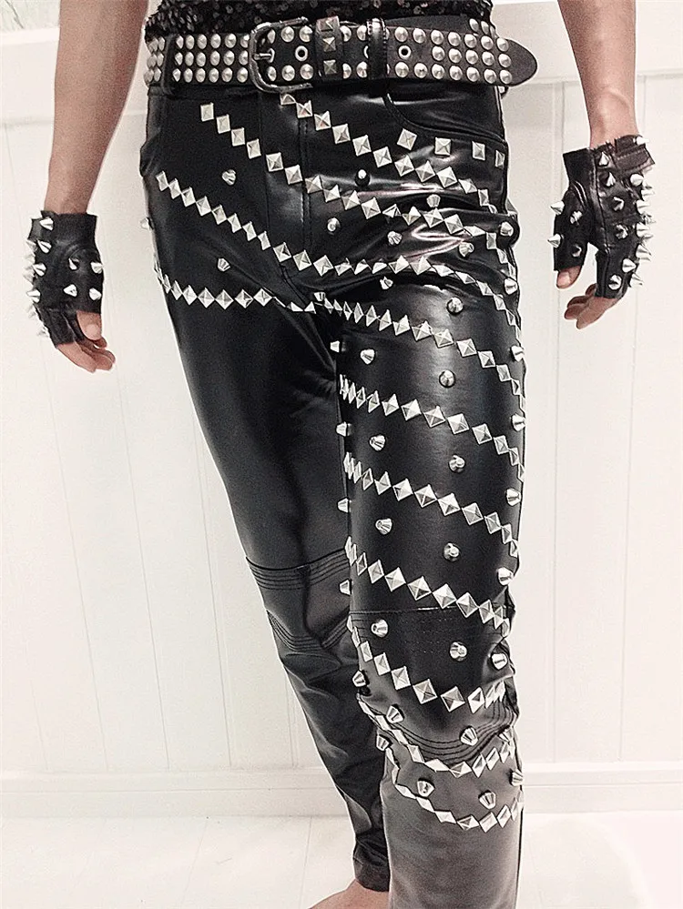 Description Picture 5 of itemIdopy Nightclub DJ Singer Gothic Punk Rock Rivet Faux Leather Pants Hip Hop Stage Costume Mens Studded Motorcycle tTrousers