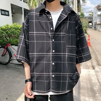 

Spring And Summer 2020 New Models Korean Version Of Men's Loose Five-point Sleeves Plaid Shirt Tide Wave Leisure