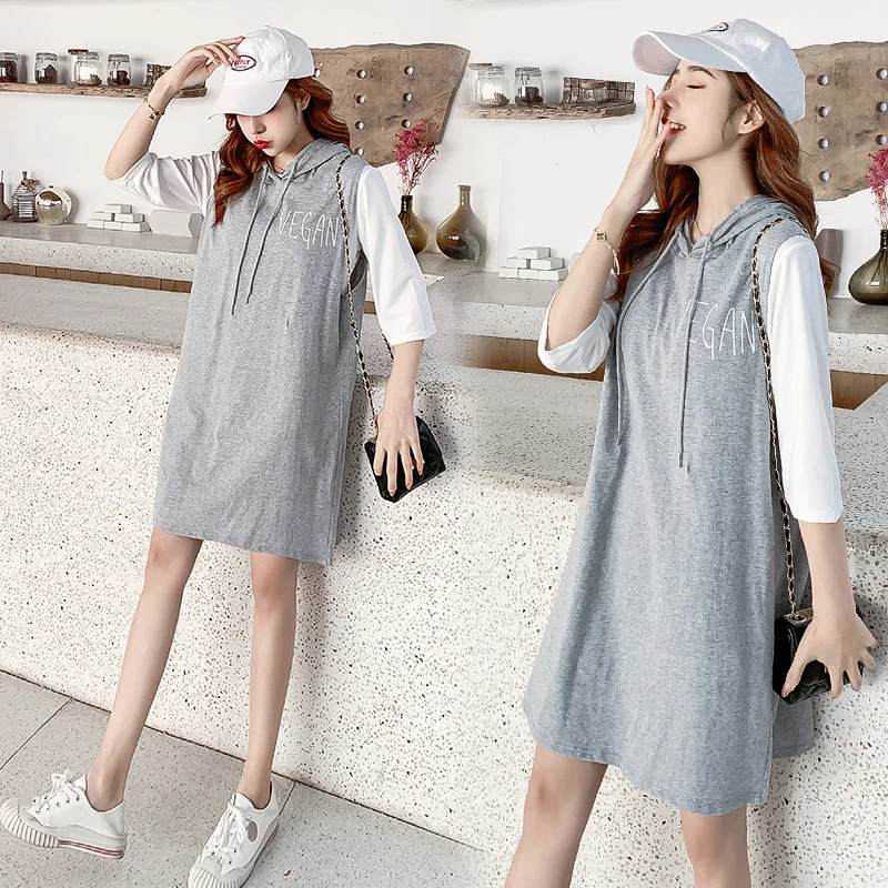 

Pregnant Women Set 2020 Spring Clothing New Style T-shirt Tops + Sleeveless Hoodie Skirt Two-Piece Set