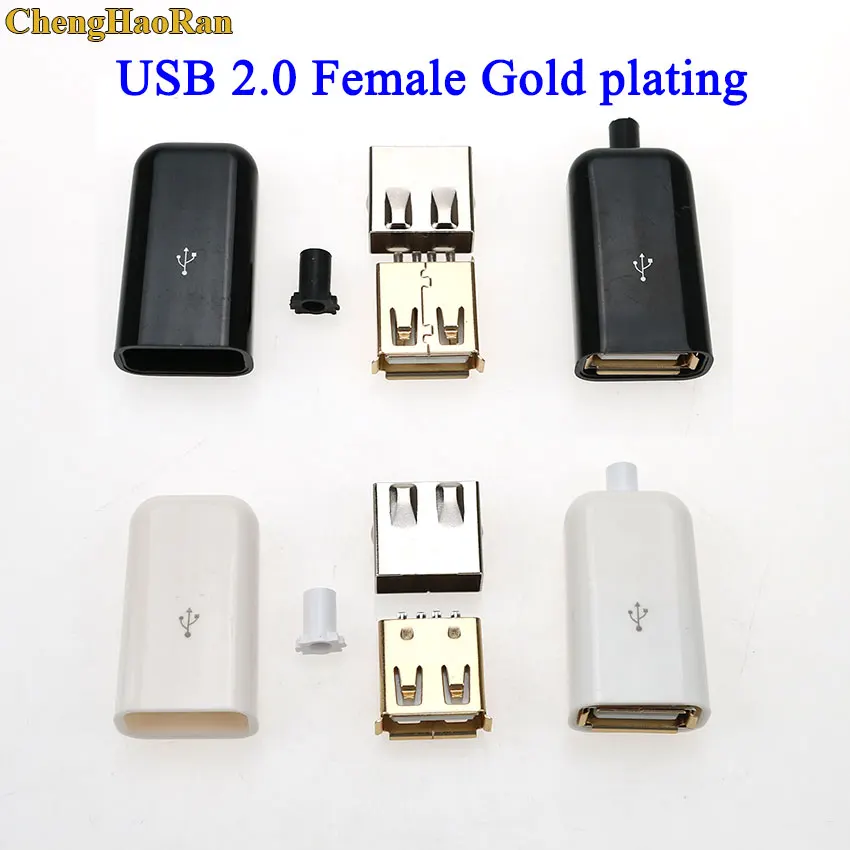 

ChengHaoRan 2set DIY USB 2.0 A Female 4Pin Plug Welding Type Socket 4 in 1 Connector Soldering Adaptor White Black