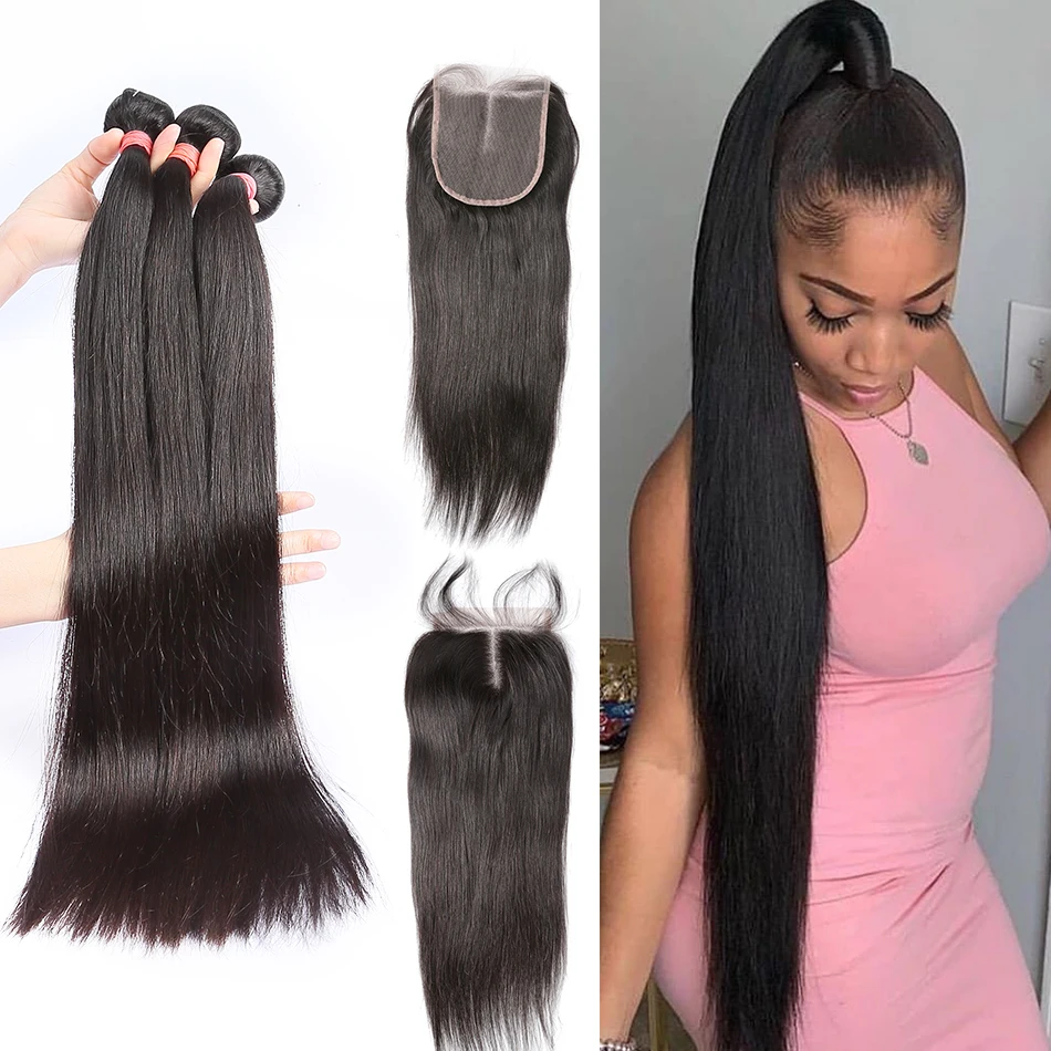Прямые волосы Linksbeauty 8 28 30 32 40 дюймов бразильские 3 4 пряди с 4X4 парики из