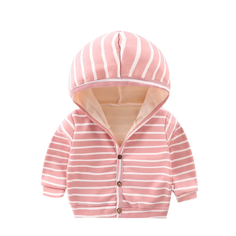 Весенне-осенний полосатый кардиган на пуговицах; одежда с бархатной подкладкой для новорожденных; пальто с длинными рукавами для маленьких девочек и мальчиков; топы; куртка - Цвет: WT0025-pink