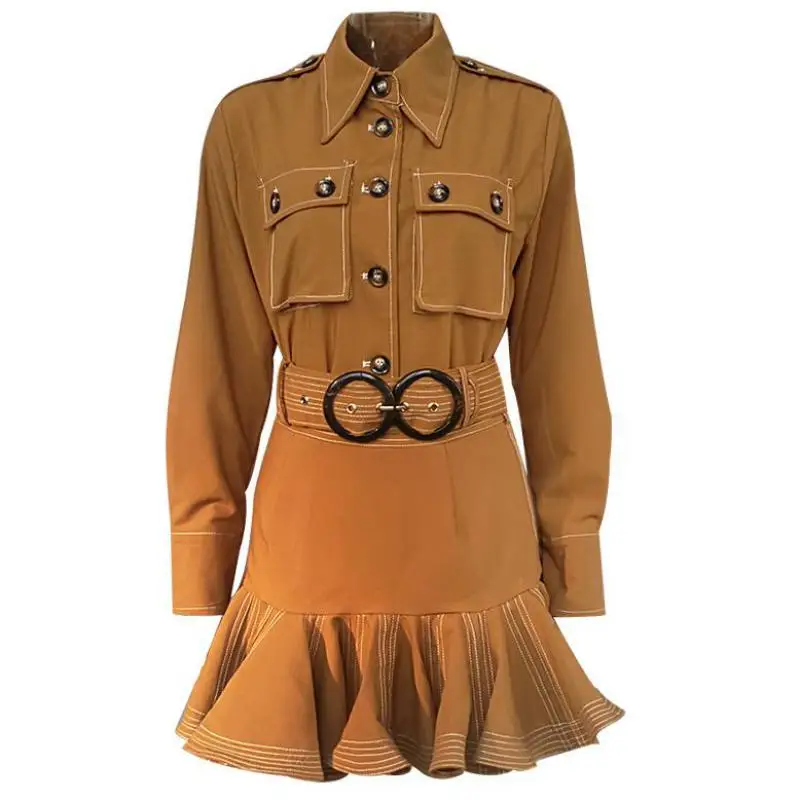 

Red RoosaRosee Designer Autumn Two Piece Set Women Long Sleeve Lapel Collar Shirt Blouse + High Waist Mini Skirt Suit Twinset