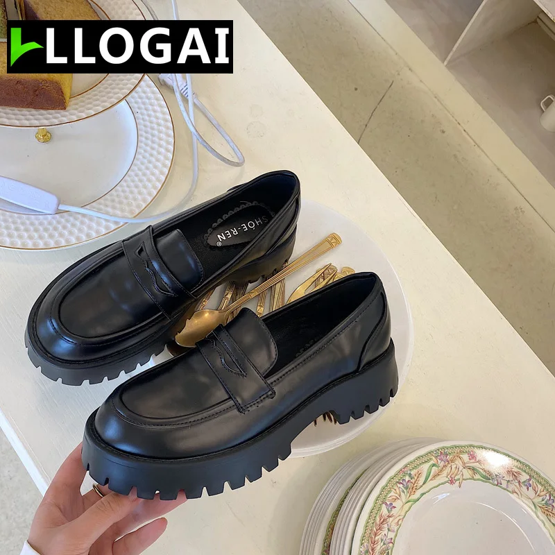 Boussac Black Punk Platform Women Loafers Round Toe Chunky Heel Vintage Shoes Women Slip on High Heel Women Pumps