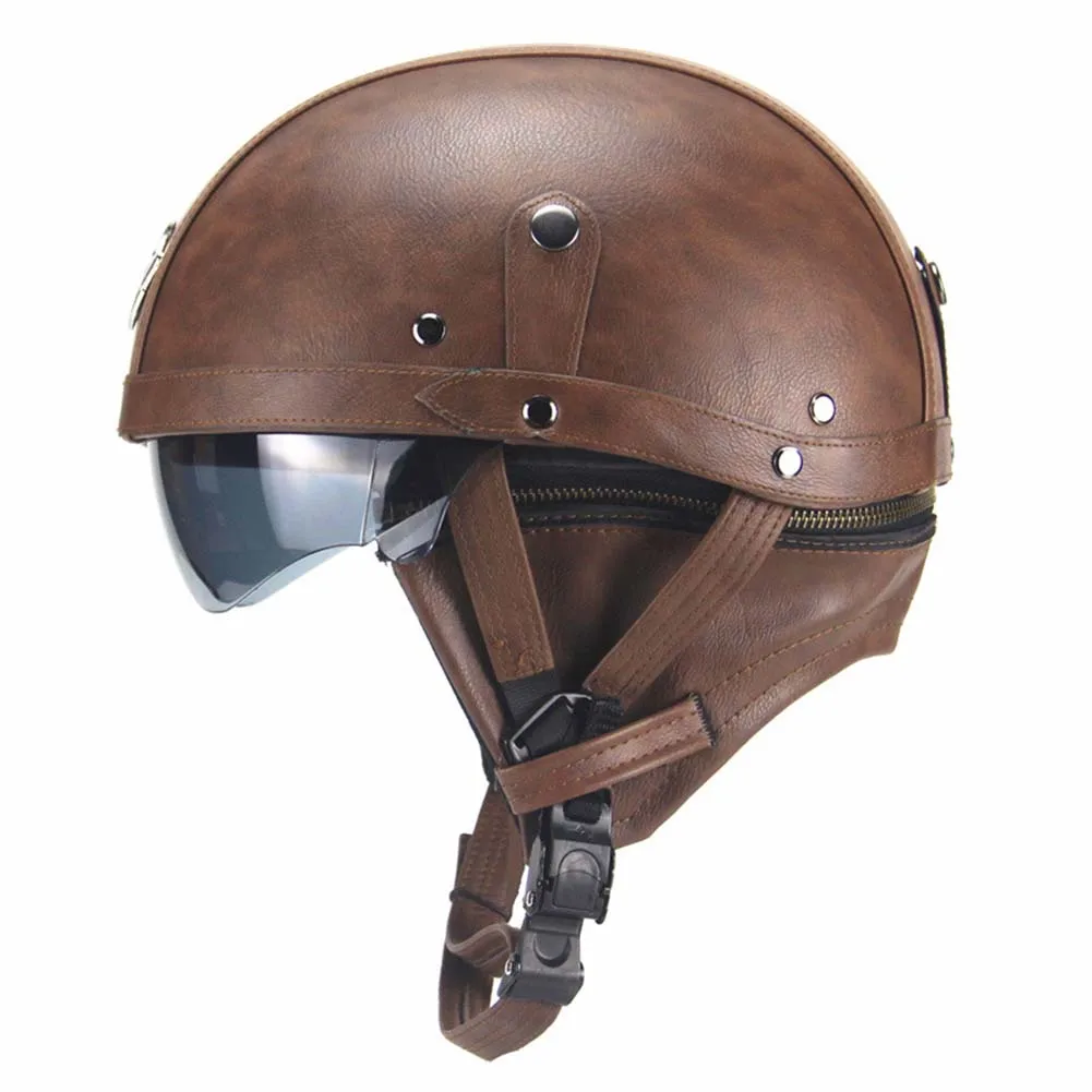 

Leather Helmets Vintage Motorcycle Helmet Half-Helmet Visor With Collar Open Face Half Motor With Dual Lens Moto German Solder