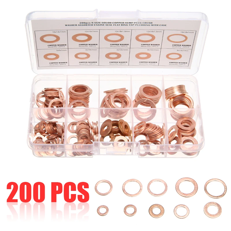 200pcs M5-M14 Solid O Ring Shape Copper Washer Gasket Seal Flat Ring Fuel Hydraulic Fittings Set Accessories