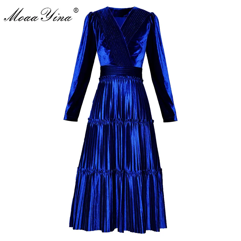 

MoaaYina Fashion Designer Runway dress Spring autumn Women Dress V-neck Long sleeve Ruched Velvet Dresses