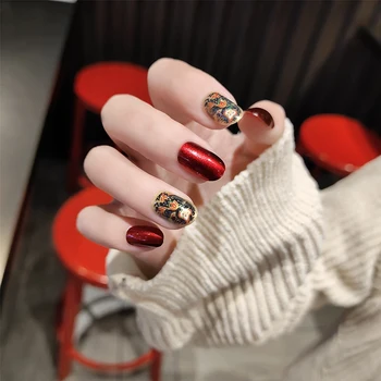 

24pcs/boxed Titanium Print New styles Fashion Pearl Light Red fake press on nails Atmosphere mid-Long oval fake nails with glue